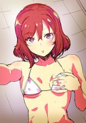 Rule 34 | 10s, 1girl, bare shoulders, bikini, blush, collarbone, hand on own chest, hareno chiame, jpeg artifacts, looking at viewer, love live!, love live! school idol project, nishikino maki, outstretched arms, purple eyes, red hair, short hair, sketch, solo, swimsuit, upper body, white bikini