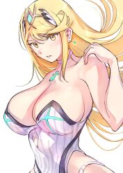 Rule 34 | blonde hair, breasts, highres, large breasts, mythra (radiant beach) (xenoblade), mythra (xenoblade), solo, swimsuit, ug333333, xenoblade chronicles (series), xenoblade chronicles 2, yellow eyes