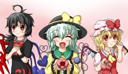 Rule 34 | 3girls, ahoge, aqua hair, ascot, asymmetrical wings, bad id, bad pixiv id, black hair, blonde hair, blush stickers, bow, buttons, closed eyes, crystal, dress, female focus, finger to face, flandre scarlet, flower, frills, gift, giving, hand on own face, hands on own chest, hat, hat bow, heart, heart of string, holding, houjuu nue, komeiji koishi, long sleeves, looking away, multiple girls, open mouth, pink background, red eyes, religious offering, ribbon, rose, shirt, short hair, short sleeves, simple background, sk10102194, third eye, touhou, vest, wide sleeves, wings, wristband