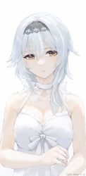 Rule 34 | 1girl, 2021, absurdres, breasts, brown eyes, cleavage, collarbone, dated, dress, eula (genshin impact), genshin impact, grey hairband, hair between eyes, hair intakes, hairband, highres, long hair, looking at viewer, medium breasts, parted lips, signature, silver hair, simple background, sleeveless, sleeveless dress, solo, standing, swkl:d, upper body, white background, white dress