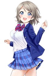 Rule 34 | 10s, 1girl, :d, blazer, blouse, blue eyes, blush, bow, bowtie, bra visible through clothes, breasts, collared shirt, contrapposto, cowboy shot, from side, grey hair, highres, jacket, long sleeves, looking at viewer, love live!, love live! sunshine!!, medium breasts, open clothes, open jacket, open mouth, otonokizaka school uniform, plaid, plaid skirt, pleated skirt, sankuro (agoitei), school uniform, see-through, shirt, shirt tucked in, short hair, simple background, skirt, smile, solo, standing, swept bangs, thighs, watanabe you, white background, white shirt