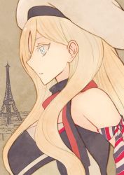 Rule 34 | 10s, 1girl, armband, bare shoulders, beret, blonde hair, blue eyes, breasts, eiffel tower, from side, hat, highres, kantai collection, large breasts, long hair, masukuza j, richelieu (kancolle), solo, white hat