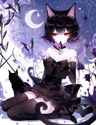 Rule 34 | 1girl, animal ears, artist name, bare shoulders, black cat, black choker, black dress, black gloves, black hair, black thighhighs, bug, butterfly, cat, cat ears, cat tail, choker, commentary, dress, elbow gloves, gloves, hair between eyes, highres, insect, looking at viewer, original, red eyes, seiza, sheya, short dress, short hair, signature, sitting, strapless, strapless dress, symbol-only commentary, tail, thighhighs, thighs, zettai ryouiki