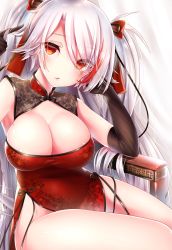 Rule 34 | 1girl, antenna hair, azur lane, bad id, bad twitter id, black gloves, blush, bow, breasts, china dress, chinese clothes, cleavage cutout, clothing cutout, dress, elbow gloves, elbow rest, gloves, hair between eyes, hair bow, hair ribbon, twirling hair, highres, large breasts, long hair, looking at viewer, mole, mole on breast, multicolored hair, pelvic curtain, prinz eugen (azur lane), red dress, red eyes, red hair, ribbon, shiny skin, silver hair, sitting, skindentation, sleeveless, sleeveless dress, solo, streaked hair, thighs, touwa iyo, two side up, very long hair