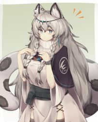 Rule 34 | 1girl, animal ear fluff, animal ears, arknights, belt, belt pouch, black capelet, blue eyes, braid, capelet, commentary request, gradient background, green background, grey hair, hair between eyes, hands up, highres, hip vent, large tail, leopard ears, leopard tail, long hair, pouch, pramanix (arknights), simple background, solo, tail, thighhighs, turtleneck, twin braids, wide sleeves, yonaga san