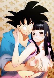 Rule 34 | 1girl, bare arms, black eyes, black hair, blush, grabbing another&#039;s breast, breasts, chi-chi (dragon ball), dragon ball, dragonball z, embarrassed, eyebrows, grabbing, highres, large breasts, long hair, looking at another, mature female, navel, nipples, no bra, open clothes, simple background, sleeveless, son goku, sweat, tears, yukimitsuki
