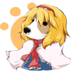 Rule 34 | 1girl, alice margatroid, animalization, beagle, beegle, blonde hair, capelet, commentary, dog, female focus, hair ribbon, hairband, no humans, paw print, ribbon, short hair, solo, touhou