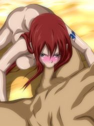Rule 34 | 1girl, back, black eyes, blush, breast press, breasts, cahlacahla, censored, erza scarlet, fairy tail, fellatio, highres, large breasts, long hair, looking up, nude, oral, penis, red hair, shadow, sitting, tattoo