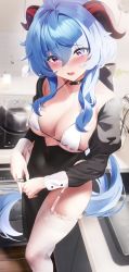 Rule 34 | 1girl, absurdres, alternate costume, bad id, bad twitter id, black choker, blue hair, blush, bra, breasts, choker, fantongjun, from above, ganyu (genshin impact), garter straps, genshin impact, goat horns, highres, horns, indoors, large breasts, long hair, long sleeves, looking at viewer, nun, parted lips, purple eyes, solo, thighhighs, thighs, underwear, white bra, white thighhighs
