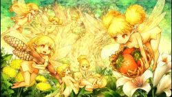 Rule 34 | ass, barefoot, basket, blonde hair, dragon&#039;s crown, dress, closed eyes, fairy, fairy wings, flower, flying, food, fruit, laughing, long hair, multiple girls, nature, official art, open mouth, orange eyes, pointy ears, ponytail, shigatake, short hair, sitting, sleeping, smile, strawberry, tree, twintails, wings
