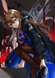 Rule 34 | 1girl, absurdres, amiya (arknights), animal ears, arknights, ascot, black footwear, black jacket, black pantyhose, blue eyes, blue skirt, brown hair, chinese commentary, commentary request, highres, holding own foot, jacket, jewelry, leg up, long hair, multiple rings, open clothes, open jacket, open mouth, pantyhose, pleated skirt, purple ascot, rabbit ears, ring, shoes, sidelocks, skirt, solo, thumb ring, xuan xuan xuan za