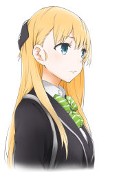 Rule 34 | 1girl, blonde hair, blue eyes, bow, bowtie, expressionless, gamers!, hair bow, long hair, profile, school uniform, solo, tendou karen, upper body, white background, wing (aiastor)