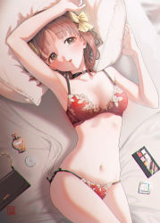 Rule 34 | 1girl, absurdres, amami haruka, arm up, armpits, artist name, atagumo yuba, bad id, bad pixiv id, bag, bare arms, bare shoulders, bed sheet, black choker, bottle, bow, bra, breasts, brown hair, choker, chromatic aberration, cleavage, collarbone, commentary, commission, compact (cosmetics), cosmetics, cowboy shot, floral print, flower choker, green eyes, hair bow, hand up, handbag, heart, heart in eye, highres, idolmaster, idolmaster (classic), looking at viewer, lying, medium breasts, navel, on back, panties, parted lips, perfume bottle, pillow, pixiv commission, print bra, print panties, red bra, red panties, short hair, side-tie panties, solo, stomach, string panties, symbol in eye, underwear, underwear only, yellow bow