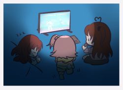 Rule 34 | 3girls, ahoge, assault lily, barefoot, black scrunchie, black shorts, blanket, blue background, blue pajamas, blue shorts, border, brown hair, chibi, closed eyes, commentary request, controller, dark, facing away, game console, game controller, gradient background, grey border, grey shirt, hair ornament, hair scrunchie, hands up, heart, heart ahoge, highres, hitotsuyanagi riri, holding, holding controller, holding game controller, hood, hood down, hooded pajamas, kabayaki (kabayaki eel), kaede johan nouvel, leg up, light, long hair, long sleeves, looking at object, lying, monitor, motion lines, multicolored clothes, multicolored pajamas, multicolored shorts, multiple girls, no mouth, on stomach, one side up, own hands together, pajamas, parted lips, pink hair, pink pajamas, pink shorts, playing games, profile, scrunchie, shirt, short hair, shorts, sitting, sleeping, solid oval eyes, striped clothes, striped pajamas, striped shorts, takasuga tsukushi, under covers, video game, yellow pajamas, yellow shorts, zzz