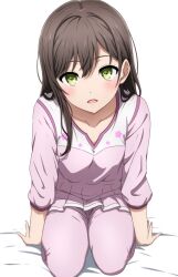 Rule 34 | 1girl, absurdres, arms at sides, bang dream!, bed sheet, blurry, blush, breasts, brown hair, cleavage, collarbone, commentary request, depth of field, green eyes, hair behind ear, hair between eyes, hanazono tae, highres, knees out of frame, long hair, long sleeves, looking at viewer, noshimurin, pajamas, pants, parted lips, pink pajamas, pink pants, pink shirt, seiza, shirt, simple background, single sidelock, sitting, small breasts, smile, solo, thigh gap, white background
