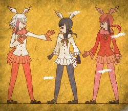 Rule 34 | 10s, 3girls, bird tail, black-headed ibis (kemono friends), black gloves, black hair, black legwear, blunt bangs, commentary request, crack, egyptian art, from side, fur collar, gloves, gradient hair, hand on own chest, head wings, highres, japanese crested ibis (kemono friends), kemono friends, kita (7kita), long hair, long sleeves, multicolored hair, multiple girls, outstretched arm, pantyhose, pink legwear, pleated skirt, pleated sleeves, profile, red gloves, red hair, red legwear, red shirt, red skirt, scarlet ibis (kemono friends), shirt, shoes, skirt, tail, white hair, white shirt, white skirt, wings, yellow background