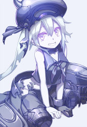 Rule 34 | 10s, 1girl, abyssal ship, amputee, arm support, choker, colored skin, destroyer princess, double amputee, grey background, grey eyes, hat, kantai collection, kibamigohann, legless, long hair, looking at viewer, machinery, no legs, school uniform, sitting, smile, solo, tears, white hair, white skin