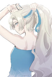 Rule 34 | 1girl, arms up, bare arms, bare shoulders, blue dress, blue hair, blue nails, blush, closed mouth, dress, from behind, grey eyes, grey hair, highres, isekai joucho, kamitsubaki studio, long hair, looking at viewer, looking back, multicolored hair, nail polish, ponytail, profile, rice (okome no naru ki), simple background, solo, strapless, strapless dress, streaked hair, tying hair, very long hair, virtual youtuber, white background