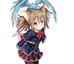 Rule 34 | 1girl, animal ears, arms behind back, black pantyhose, blush, bow, bowtie, brown hair, capelet, cat ears, cowboy shot, dragon on head, hair between eyes, hair ribbon, layered skirt, long hair, looking at viewer, mini dragon, pantyhose, pina (sao), red bow, red bowtie, red eyes, red ribbon, red skirt, ribbon, short twintails, silica, silica (sao-alo), skirt, smile, solo, standing, sword art online, transparent background, twintails
