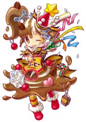 Rule 34 | 1girl, absurdres, asymmetrical legwear, boots, brown eyes, brown hair, candy, candy cane, child, coffee, coffee beans, confetti, food, full body, hair ornament, hat, heart, highres, liquid, liquid clothes, long hair, mascot, milcrown yukico-tan, mismatched legwear, multicolored hair, official art, one eye closed, ornament, party hat, party popper, ponytail, red footwear, side ponytail, smile, snowflake hair ornament, snowflakes, solo, symbol-shaped pupils, transparent background, two-tone hair, umiheki, white hair, yukico-tan, yukijirushi