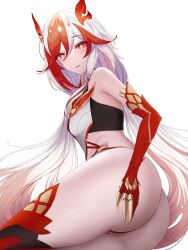 Rule 34 | 1girl, absurdres, animal hands, ass, bare shoulders, black sports bra, chinese clothes, claws, detached sleeves, elbow gloves, eyeliner, fu hua, fu hua (garuda), gloves, hair between eyes, hand on own ass, highres, honkai (series), honkai impact 3rd, huge ass, kallen majnun, light blush, long hair, looking at viewer, low-tied long hair, low twintails, makeup, multicolored hair, pussy, red eyeliner, red eyes, red gloves, red hair, red rope, red scales, red thighhighs, rope, simple background, single thighhigh, solo, sports bra, sportswear, streaked hair, symbol-shaped pupils, thighhighs, thighs, twintails, two-tone hair, white background, white hair, yellow pupils