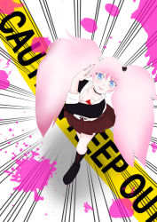 Rule 34 | 10s, 1girl, bad anatomy, blue eyes, caution tape, danganronpa (series), enoshima junko, female focus, from above, june183, looking at viewer, pink hair, poorly drawn, self-upload, skirt, solo, standing, unmoving pattern, white background