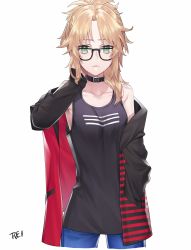 Rule 34 | 1girl, armpit peek, bad id, bad pixiv id, bare shoulders, belt collar, bespectacled, black-framed eyewear, black collar, black jacket, black tank top, blonde hair, blue pants, breasts, buckle, closed mouth, collar, collarbone, cowboy shot, cropped legs, expressionless, fate/apocrypha, fate (series), glasses, green eyes, hair over shoulder, hand in own hair, hand in pocket, highres, ichinosenen, jacket, long hair, long sleeves, looking at viewer, mordred (fate), mordred (fate/apocrypha), off shoulder, open clothes, open jacket, pants, parted bangs, pocket, ponytail, red jacket, sidelocks, signature, simple background, small breasts, solo, standing, striped clothes, striped jacket, tank top, white background