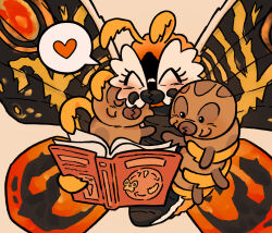 Rule 34 | 3others, animal, animal focus, black eyes, book, bug, closed eyes, closed mouth, commentary, happy, heart, highres, insect, kaiju, larva, moth, mothra, mothra (series), mothra vs. godzilla, multiple others, no humans, parent and child, quazieart, reading, siblings, symbol-only commentary, twins, wings