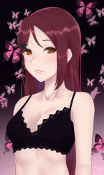 Rule 34 | 1girl, absurdres, arhah, bad id, bad pixiv id, bare arms, bare shoulders, black bra, black flower, blush, bra, breasts, bug, butterfly, butterfly background, cleavage, collarbone, dark background, floral print, flower, hair flower, hair ornament, highres, insect, lace, lace-trimmed bra, lace trim, long hair, looking at viewer, love live!, love live! school idol project, love live! sunshine!!, red hair, sakurauchi riko, sidelocks, small breasts, two-tone background, underwear, yellow eyes