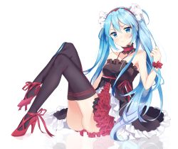 Rule 34 | 1girl, 7th dragon (series), 7th dragon 2020, 7th dragon 2020-ii, absurdres, black thighhighs, blue eyes, blue hair, bracelet, choker, collarbone, dress, full body, hair between eyes, hairband, hatsune miku, high heels, highres, jewelry, layered dress, long hair, looking at viewer, pumps, red footwear, red hairband, red ribbon, ribbon, short dress, simple background, sitting, sleeveless, sleeveless dress, solo, thighhighs, timins, twintails, very long hair, vocaloid, white background