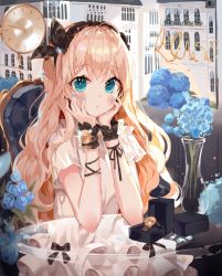 Rule 34 | 1girl, ahoge, b rock, bad id, bad twitter id, black bow, black ribbon, blonde hair, blue eyes, blue flower, blue nails, blue rose, blush, bow, box, closed mouth, curly hair, fingernails, flower, hairband, hands up, head rest, highres, klasse14, long hair, looking at viewer, nail polish, ribbon, rose, solo, table, vase, watch, wrist cuffs, wristwatch