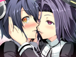 Rule 34 | 10s, 2girls, @ @, black hair, blush, crying, crying with eyes open, eyepatch, female focus, food, gin&#039;ichi (akacia), half-closed eyes, headgear, imminent kiss, kantai collection, lips, looking at another, looking away, multiple girls, naughty face, personification, pocky, pocky kiss, purple eyes, purple hair, shared food, short hair, smile, sweat, tatsuta (kancolle), tears, tenryuu (kancolle), yellow eyes, yuri
