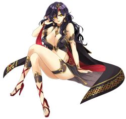 Rule 34 | 1girl, absurdres, alternate costume, arizigoku0627, bare legs, bare shoulders, black dress, black hair, bracelet, breasts, cape, cleavage, collarbone, commission, cosplay, crossed legs, dancer, dress, earrings, fingernails, fire emblem, fire emblem: the blazing blade, fire emblem heroes, full body, gladiator sandals, gold trim, hair lift, hair ornament, high heels, highres, jewelry, large breasts, lipstick, long hair, looking at viewer, makeup, mature female, medallion, nintendo, pixiv commission, plunging neckline, red nails, sandals, sitting, sleeveless, smile, solo, sonia (fire emblem: the blazing blade), thighs, toeless footwear, ursula (fire emblem), ursula (fire emblem) (cosplay), ursula (khadein) (fire emblem), ursula (khadein) (fire emblem) (cosplay), white background, yellow eyes