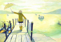 Rule 34 | 1boy, boots, chika (mysweetgarden), dock, from behind, lake, male focus, md5 mismatch, original, outstretched arm, polka dot, raincoat, resolution mismatch, rubber boots, shorts, solo, source smaller, standing, swan boat, umbrella, water, yellow theme