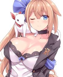 Rule 34 | 1girl, ahoge, amane hasuhito, animal, animal on shoulder, arm ribbon, arms behind back, black bra, black jacket, blonde hair, blue bow, blue eyes, blush, bow, bra, bra peek, breasts, choker, cleavage, closed mouth, collarbone, dress, fal (girls&#039; frontline), ferret, girls&#039; frontline, hair between eyes, hair bow, jacket, large breasts, lingerie, long hair, looking at viewer, one eye closed, open clothes, open jacket, ribbon, side ponytail, sidelocks, simple background, skindentation, smile, solo, strap slip, underwear, upper body, very long hair, white background, white dress