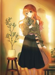 Rule 34 | 1girl, :3, bare shoulders, belt, brown eyes, brown hair, clothing cutout, commentary request, earrings, feet out of frame, flower, flower pot, head tilt, highres, holding, holding flower, idolmaster, idolmaster cinderella girls, jewelry, kurasaki moroko, light particles, long hair, long sleeves, looking at viewer, moroboshi kirari, plant, potted plant, shoulder cutout, skirt, sleeves past wrists, solo, stool, sweater, turtleneck, turtleneck sweater, wavy hair, window shadow
