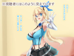Rule 34 | 1girl, bare shoulders, blonde hair, blue eyes, breasts, cleavage, elbow gloves, gloves, hair ornament, large breasts, long hair, looking at viewer, midriff, mirai akari, mirai akari project, mitsuru (madeinore), open mouth, pleated skirt, side ponytail, simple background, skirt, sleeveless, smile, solo, text focus, tongue, translation request, white gloves, yellow background