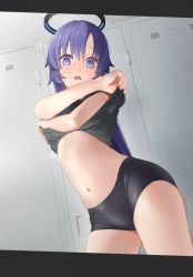 Rule 34 | 1girl, absurdres, alternate costume, bananafish1111, blue archive, blue eyes, blue hair, blush, clothes lift, cowboy shot, halo, highres, letterboxed, lifting own clothes, locker, locker room, looking at viewer, midriff, navel, open mouth, purple eyes, purple hair, skindentation, solo, stomach, sweatdrop, thighs, two side up, undressing, yuuka (blue archive), yuuka (track) (blue archive)