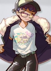Rule 34 | 1boy, absurdres, alternate costume, baseball cap, belt, bespectacled, commentary request, creatures (company), dark-skinned male, dark skin, fur-trimmed jacket, fur trim, game freak, gen 8 pokemon, glasses, hat, highres, hop (pokemon), jacket, looking at viewer, male focus, moti (m0cch1m0), nintendo, open clothes, open jacket, pants, pokemon, pokemon swsh, shirt, short hair, short sleeves, solo, t-shirt, tongue, tongue out, wooloo, yellow eyes