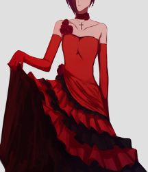 Rule 34 | 1girl, aoki shizumi, bad id, bad pixiv id, choker, cross, cross necklace, dress, elbow gloves, gloves, head out of frame, jewelry, necklace, original, red choker, red dress, short hair, simple background, solo, white background