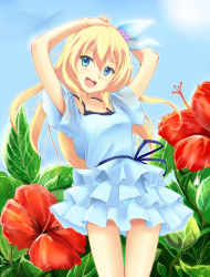 Rule 34 | 1girl, aizawa hikaru, alternate costume, arms up, blonde hair, blue eyes, blue skirt, dress, flower, frills, gathers, hibiscus, looking at viewer, microsoft, open mouth, regdic, silverlight, skirt, smile, solo