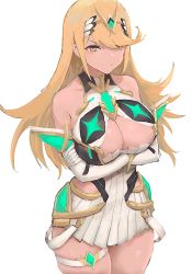 Rule 34 | 1girl, armor, arms under breasts, arqa, bare shoulders, blonde hair, blush, breasts, cleavage, cleavage cutout, closed mouth, clothing cutout, cowboy shot, crossed arms, dress, elbow gloves, faulds, gloves, hair over one eye, large breasts, long hair, looking back, mythra (xenoblade), neon trim, pleated dress, sleeveless, sleeveless dress, solo, thigh strap, tiara, white dress, white gloves, xenoblade chronicles (series), xenoblade chronicles 2, yellow eyes