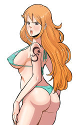 Rule 34 | 1girl, ass, bikini, blush, breasts, brown eyes, covered erect nipples, earrings, from behind, jewelry, kyoffie, large breasts, long hair, looking at viewer, nami (one piece), one piece, one piece: strong world, open mouth, orange hair, sideboob, solo, swimsuit, tattoo, thong, thong bikini, underboob