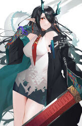 Rule 34 | 1girl, absurdres, arknights, bare shoulders, black hair, black jacket, black skirt, blue hair, breasts, collared dress, dragon girl, dragon horns, dragon tail, dress, dusk (arknights), hair over one eye, hand up, highres, holding, holding sword, holding weapon, horns, jacket, long sleeves, medium breasts, multicolored hair, necktie, off shoulder, open clothes, open jacket, pointy ears, raitho, red eyes, red necktie, simple background, skirt, sleeveless, sleeveless dress, solo, streaked hair, sword, tail, weapon, white background, white dress, wide sleeves