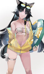 Rule 34 | 1girl, animal ears, arknights, bikini, blazpu, braid, breasts, collarbone, dog ears, dog girl, dog tail, eyepatch bikini, eyewear on head, facial mark, feet out of frame, forehead mark, gluteal fold, green eyes, highres, innertube, jacket, long hair, long sleeves, looking at viewer, medium breasts, off shoulder, open clothes, open jacket, parted bangs, parted lips, pouch, saga (arknights), side braid, single bare shoulder, skindentation, smile, solo, standing, straight hair, strapless, strapless bikini, sunglasses, swim ring, swimsuit, tail, thigh pouch, thigh strap, tinted eyewear, very long hair, white bikini, yellow-tinted eyewear, yellow jacket