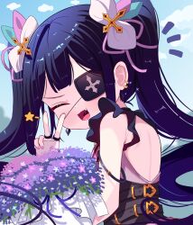 Rule 34 | 1girl, armlet, armpit crease, armpits, black corset, bouquet, brown dust 2, corset, cross hair ornament, cross print, dress, ear piercing, eyepatch, fang, flower, hair ornament, highres, holding, holding bouquet, jewelry, layla (brown dust), long hair, nail polish, one eye closed, open mouth, piercing, purple dress, purple flower, purple hair, ring, solo, sseopik, star (symbol), twintails, upper body, v, very long hair