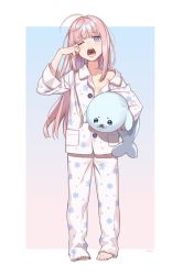 Rule 34 | 1girl, ahoge, barefoot, blue eyes, blunt bangs, commentary request, floral print, full body, highres, holding, holding stuffed toy, long hair, long sleeves, one eye closed, open mouth, original, pajamas, pink hair, pocket, sato (satoko 114), solo, standing, stuffed animal, stuffed dolphin, stuffed toy, teeth, white pajamas, yawning