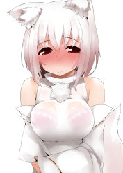 Rule 34 | 1girl, animal ears, blush, bra, breasts, detached sleeves, inubashiri momiji, lace, lace-trimmed bra, lace trim, large breasts, looking at viewer, pink bra, red eyes, see-through, short hair, simple background, solo, tail, terazip, touhou, underwear, white background, white hair, wolf ears, wolf tail