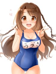 Rule 34 | 1girl, :d, blue one-piece swimsuit, blush, braid, breasts, brown eyes, brown hair, character name, cleavage, collarbone, cowboy shot, double w, floating hair, heart, highres, idolmaster, idolmaster cinderella girls, kibihimi, long hair, looking at viewer, medium breasts, one-piece swimsuit, open mouth, school swimsuit, shimamura uzuki, simple background, smile, solo, standing, swimsuit, very long hair, w, white background