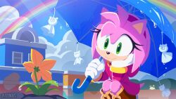Rule 34 | 1girl, amy rose, cloud, commentary request, flower, frog, froggy (sonic), furry, furry female, gloves, green eyes, holding, holding umbrella, hood, hoodie, light rays, official art, orange flower, rainbow, smile, sonic (series), squatting, teruterubouzu, umbrella, uno yuuji, white gloves